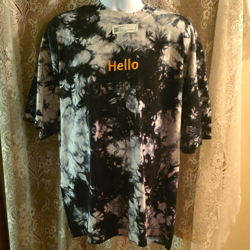 New Shaka Wear Men's Size XL‎ Embroidery Hello Black White Tie Dye Shirt